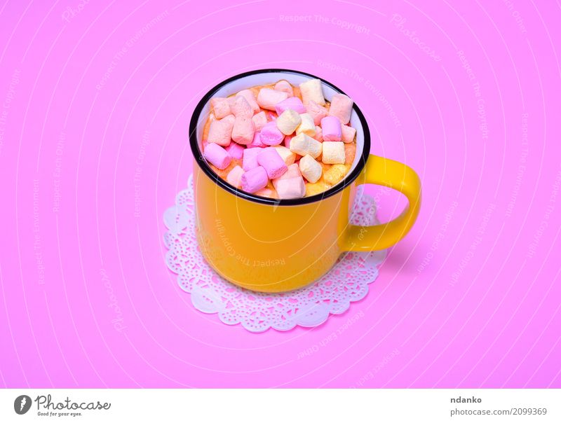 Yellow mug with cocoa Dessert Beverage Hot drink Hot Chocolate Cup Mug Fresh Delicious Above Pink Marshmallow Cocoa tree Slice Top sweet food Aromatic