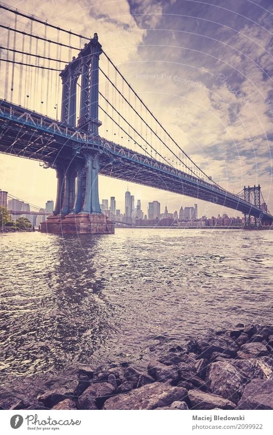 Vintage stylized picture of the Manhattan Bridge, New York City. Vacation & Travel Tourism Sightseeing City trip Brooklyn Skyline Architecture Violet Town USA