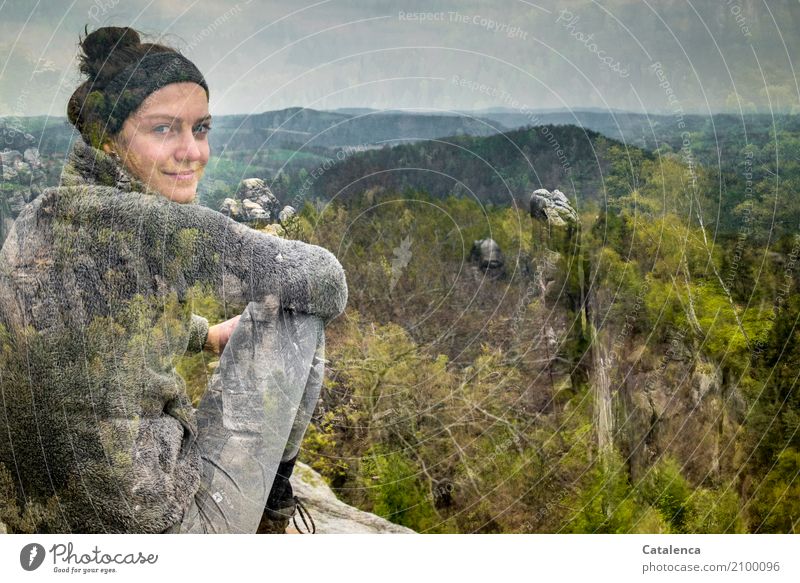 Seasons | Spring. Portrait of a young woman on a rock in the Elbe Sandstone Mountains Hiking Feminine Young woman Youth (Young adults) 1 Human being Landscape