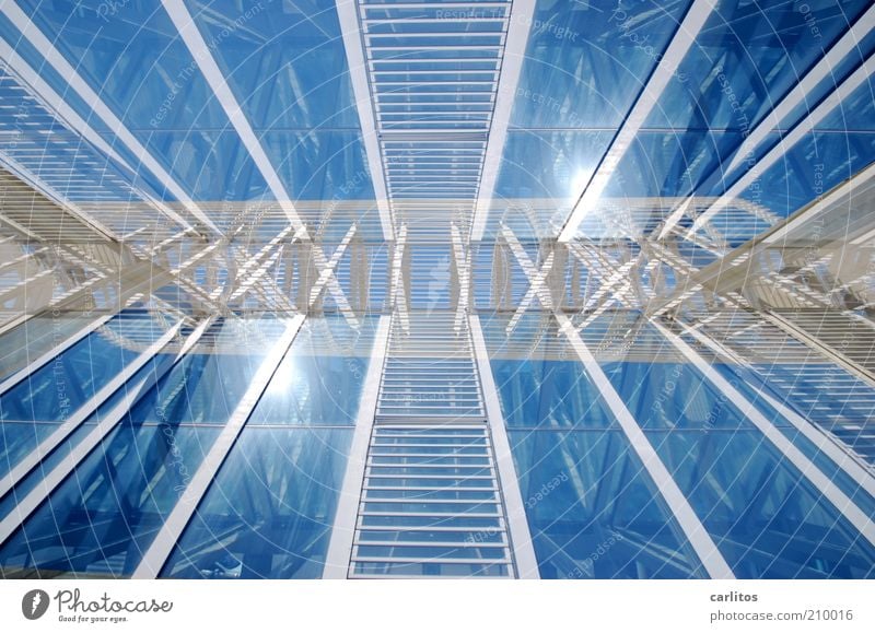 *¶ hicks ¶ I see double ¶ Facade Esthetic Creativity Reflection Double exposure Rotation Blue Glass Metal Construction Ladder Central perspective Sky Sun White