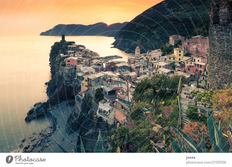 vernazza Tourism Ocean Landscape Beautiful weather Vernazza Italy House (Residential Structure) Tower Wall (barrier) Wall (building) Old Multicoloured Orange