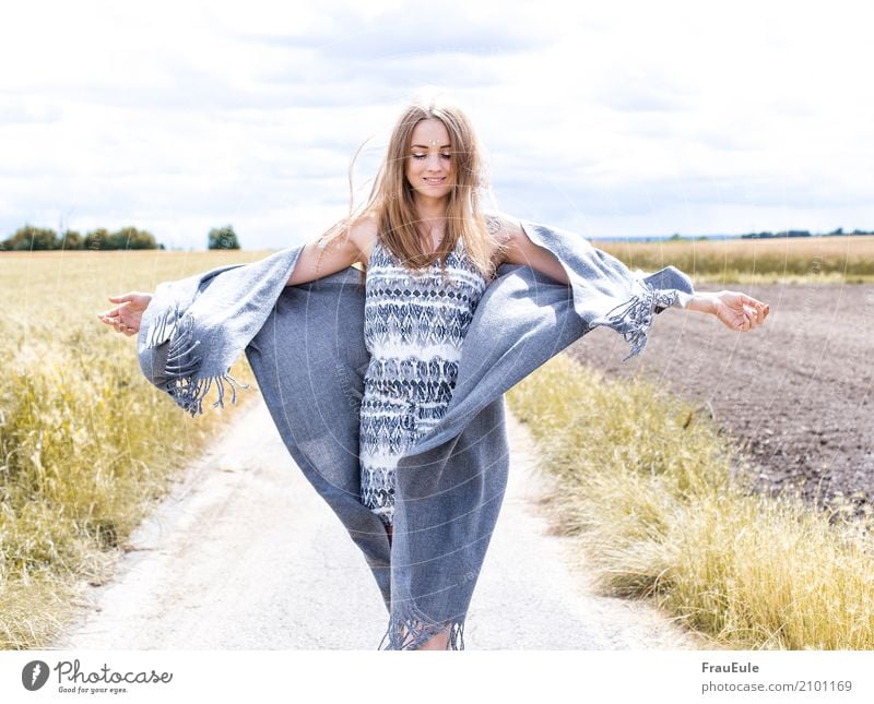 Freedom III Happy Beautiful Feminine Young woman Youth (Young adults) Woman Adults 1 Human being 18 - 30 years Nature Air Sun Summer Field jumpsuit Scarf Rag