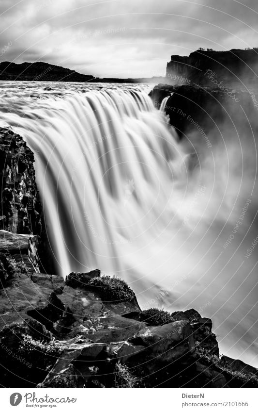 dettifoss Nature Landscape Elements Water Sky Clouds Weather Bad weather Rock Waves River bank Waterfall Gray Black White Iceland Rough Flow Force of nature