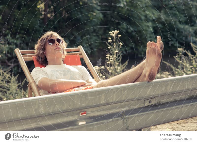 This is where I live | No. 003 Joy Young man Youth (Young adults) Feet Summer Beautiful weather Crash barrier Sunglasses Deckchair Relaxation To enjoy Sleep