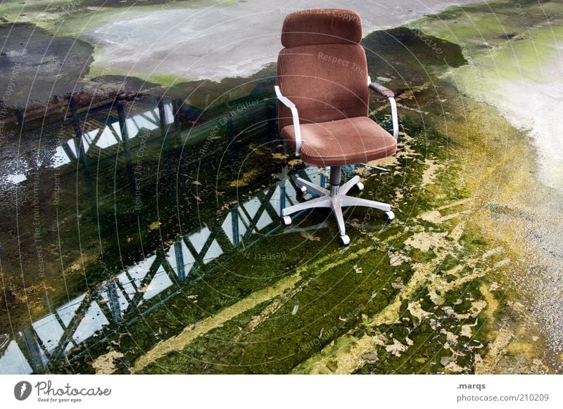 armchair Lifestyle Style Chair Desk chair Relaxation Old Dirty Wet Loneliness Apocalyptic sentiment Decline Transience Change Moss Puddle Office chair Brown