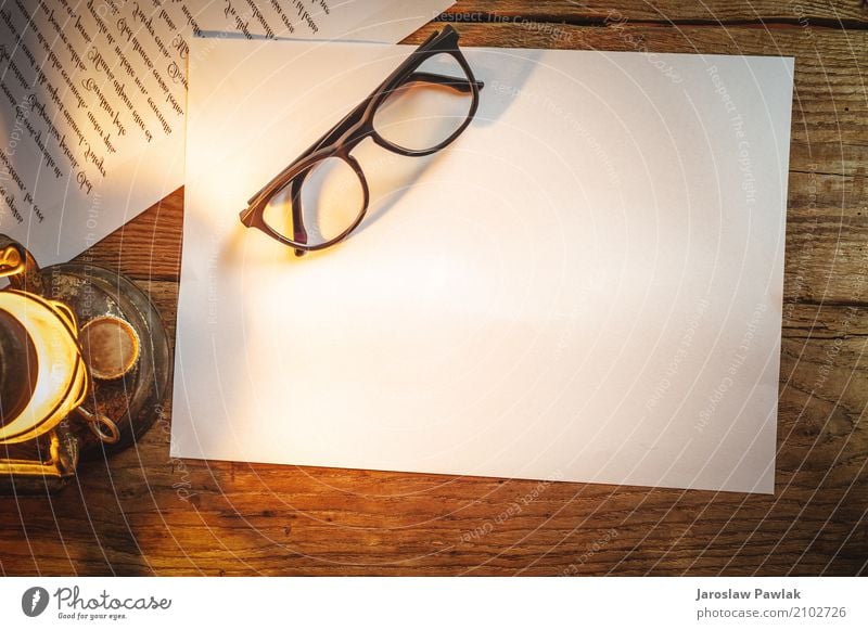 White paper on a wooden table with glasses, old lamp Style Life Lamp Table Office Business Paper Wood Metal Rust Old Write Bright Retro Black Nostalgia