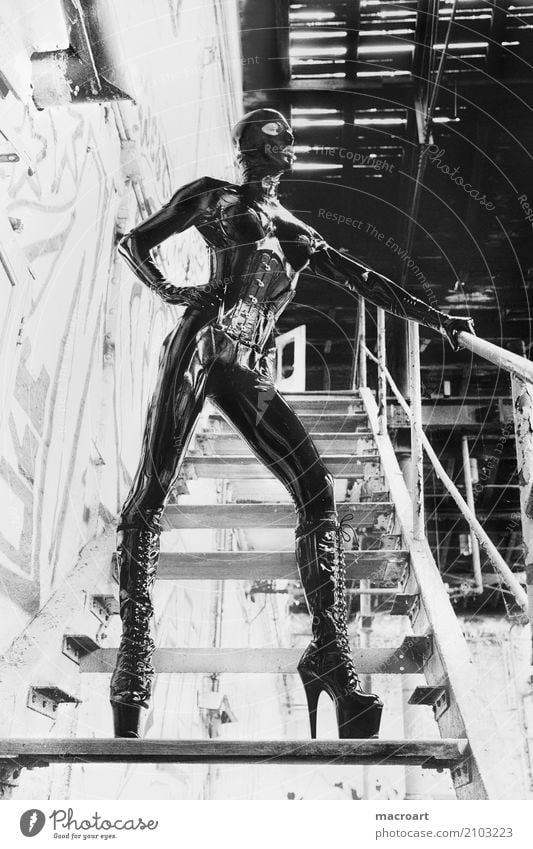 latex suit Latex Fetishism Catsuit Respirator mask Mask Gloves Glittering Extraterrestrial being Human being portrait Black latex mask lost places High heels