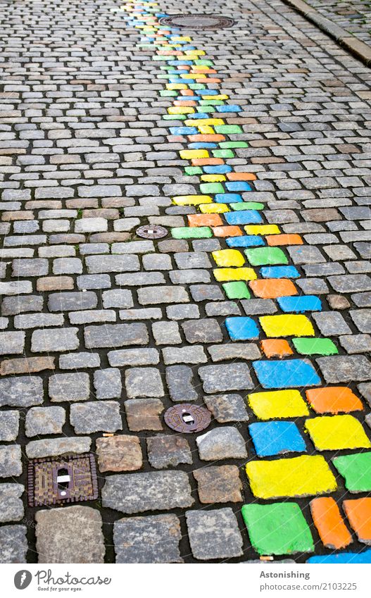 coloured stones on the street Art Painter Nature Passau Town Old town Places Transport Street Stone Beautiful Blue Multicoloured Yellow Green Orange Colour