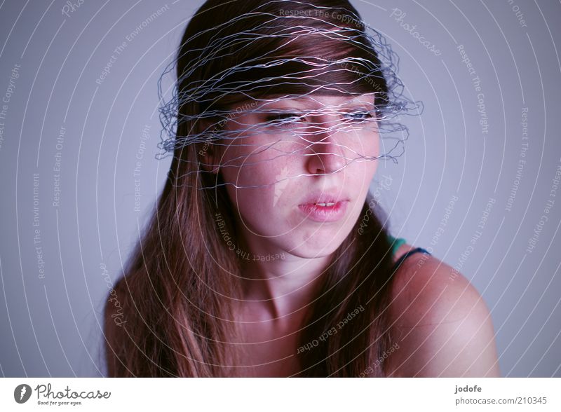 wired Human being Feminine Young woman Youth (Young adults) Woman Adults Face 1 18 - 30 years Brunette Long-haired Carrying Dream Wire Wrapped around Packaged