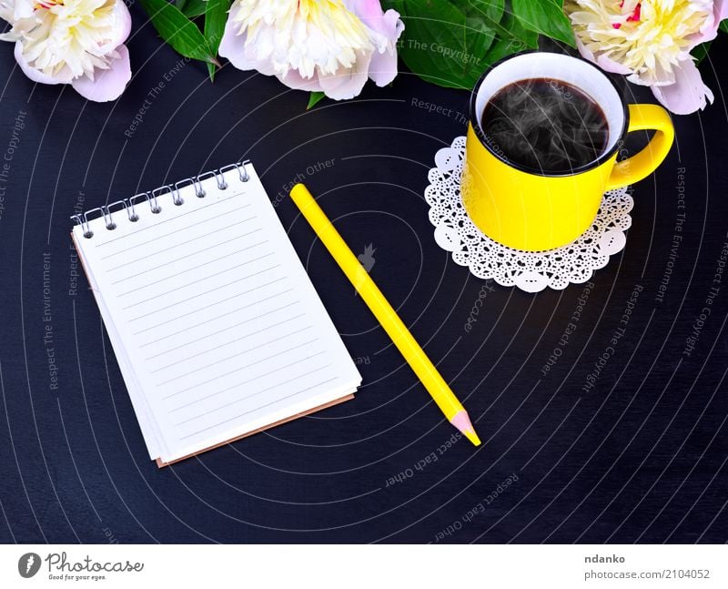 Empty notebook and yellow mug Breakfast To have a coffee Hot drink Coffee Cup Mug Nature Plant Flower Paper Wood Bright Above Yellow Pink Black White Pencil