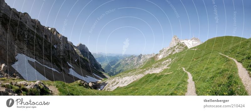 highly elevated Nature Cloudless sky Summer Mountain Alpstein Mount Säntis kurfries Footpath Freedom Valley snowfield Rock Mountain meadow Sky Colour photo