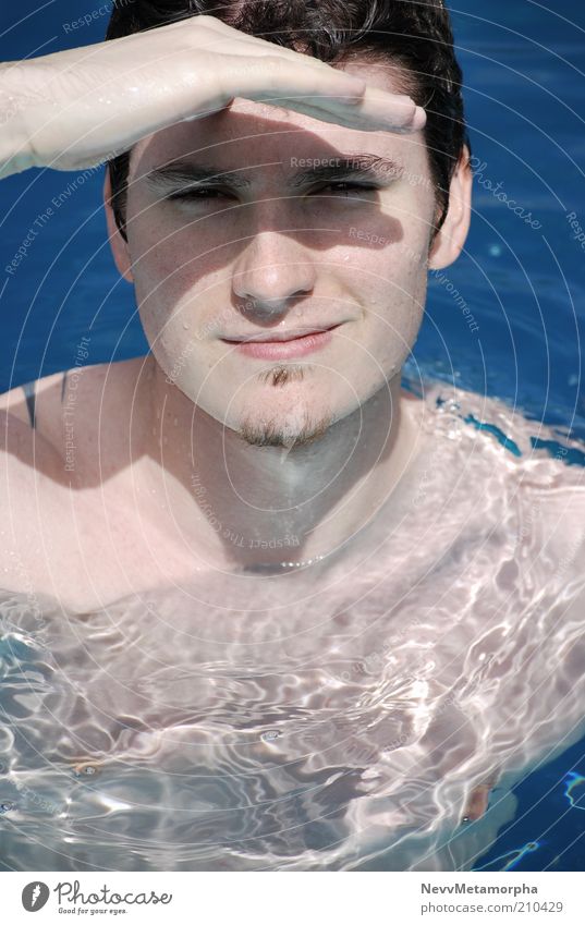 Aye Captain Water Face Portrait photograph Blue Narrowed Men`s hand Shadow Beard hair Tattoo Naked flesh Friendliness Looking into the camera Weather protection