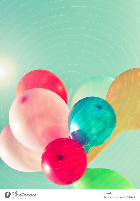 Multicolored balloons in the sun Joy Happy Summer Decoration Entertainment Feasts & Celebrations Birthday Sky Balloon Bright Blue Green Red White Surprise