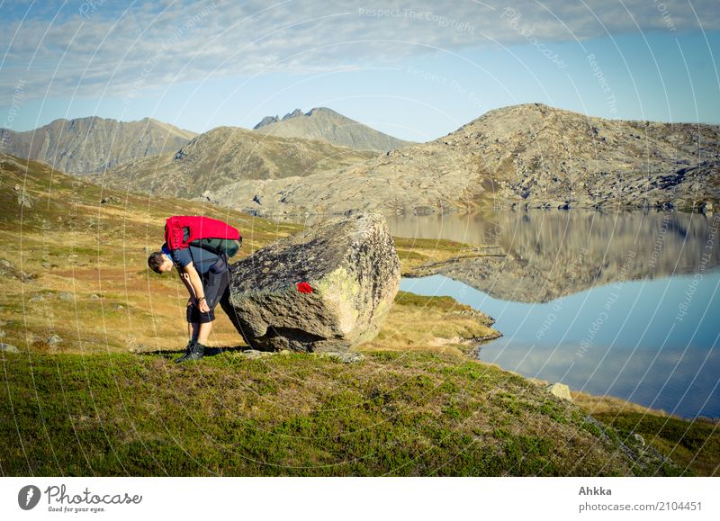 Red-Red Pause Vacation & Travel Summer vacation Mountain Hiking Young man Youth (Young adults) Nature Landscape Elements Beautiful weather Rock Lakeside Norway