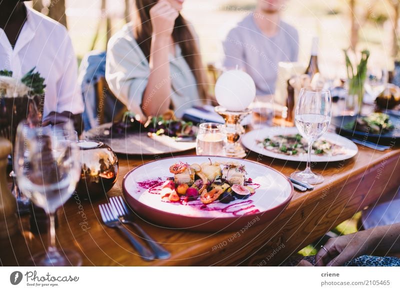 Group of People enjoying food and wine at restaurant Eating Lunch Dinner Plate Fork Lifestyle Happy Leisure and hobbies Summer Garden Party Event Restaurant