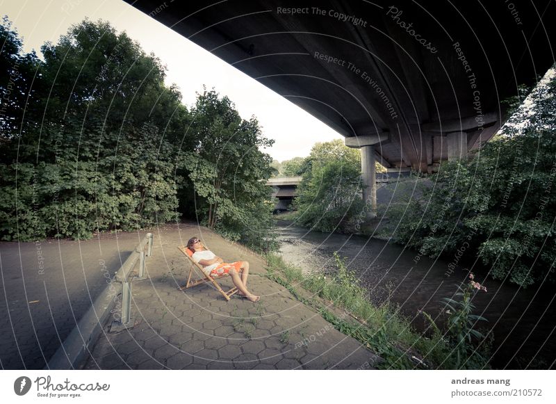 This is where I live | No. 006 Young man Youth (Young adults) Summer Brook Bridge Crash barrier Swimming trunks Sunglasses Deckchair Relaxation To enjoy Lie