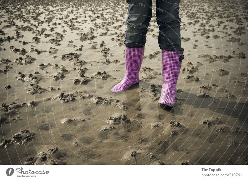 Yo, Watt now! 1 Human being Beach Pants Jeans Footwear Boots Rubber boots Pink Mud flats North Sea Wangerooge Coast Lugworms Walk along the tideland