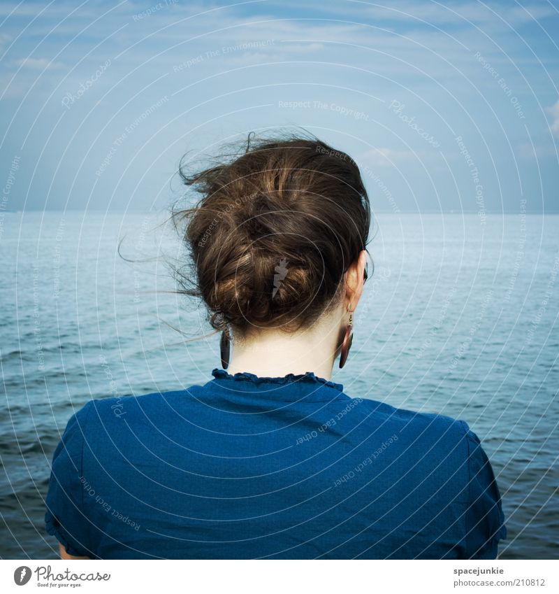 across the blue sea Human being Woman Back Wind Water Lake Ocean Waves Blue Future Longing Expressionless Hope Loneliness Safety (feeling of) Looking Sky Coast