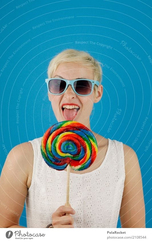 #A# Sweet tongue Art Work of art Esthetic Woman Crazy Sunglasses Summer Summery Lollipop Multicoloured Blue Candy Unhealthy Sugar Lick Joy Absurdity Comical