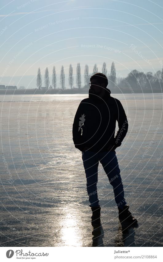 Men on ICE_3 Masculine Young man Youth (Young adults) Man Adults Partner Nature Landscape Water Sky Cloudless sky Winter Tree Island Reichenau Observe Think