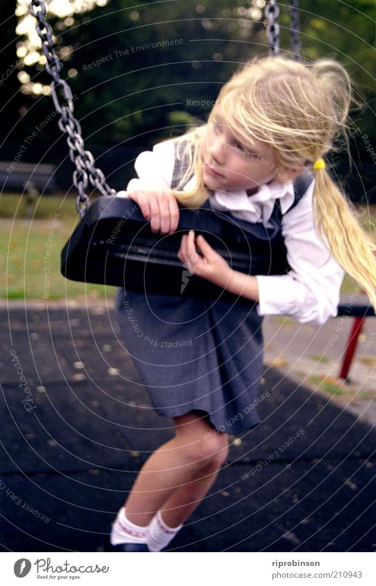 School Daze Human being Child Girl 1 3 - 8 years Infancy Playground Blonde Bangs Think To swing Loneliness Calm Dream Colour photo Subdued colour Exterior shot