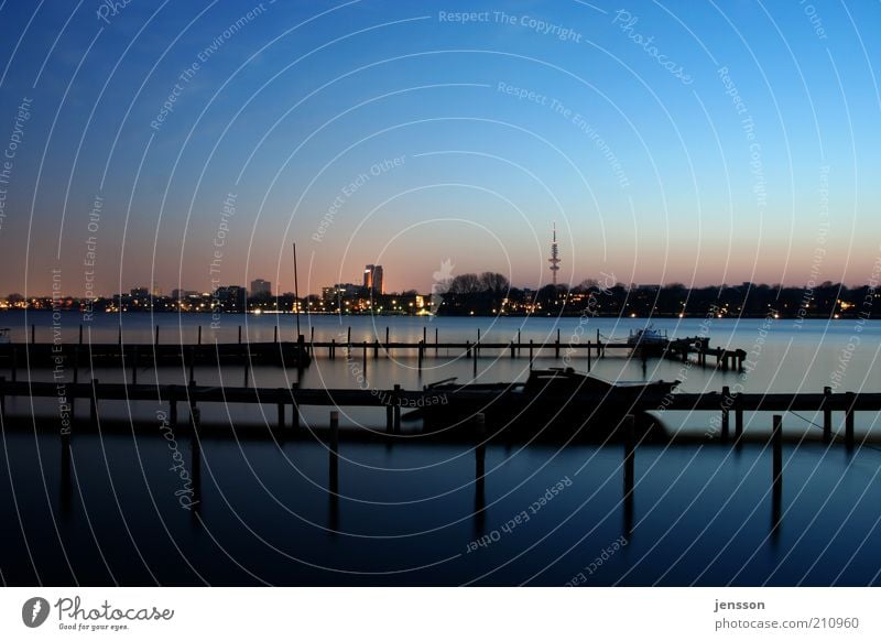 alster water Environment Nature Landscape Water Sunrise Sunset Beautiful weather Lakeside Alster Hamburg Town Skyline Deserted Sport boats Yacht Motorboat