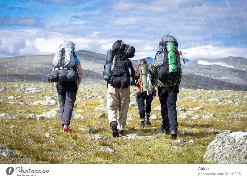 Young people with big backpacks, mountains, Scandinavia Vacation & Travel Adventure Far-off places Freedom Mountain Hiking Life 4 Human being Nature Landscape