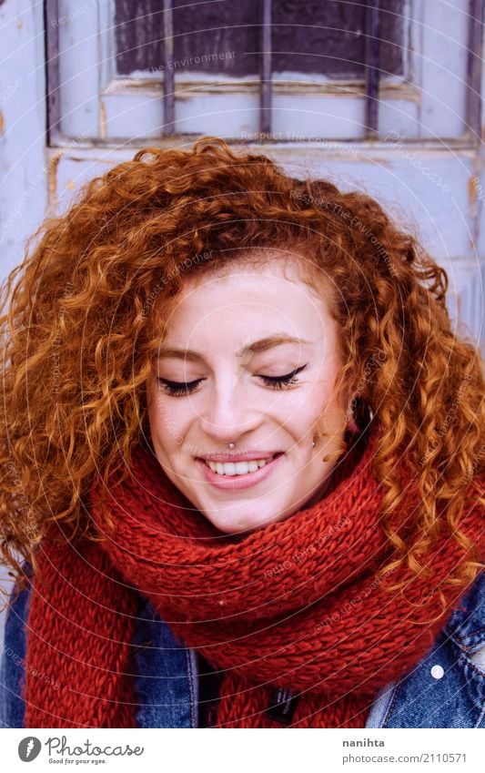 Young and happy redhead woman with a red scarf Lifestyle Style Beautiful Wellness Well-being Human being Feminine Young woman Youth (Young adults) 1