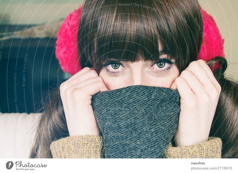 Young cute woman wearing winter clothes Style Freckles Human being Feminine Young woman Youth (Young adults) 1 18 - 30 years Adults Fashion Clothing Wool