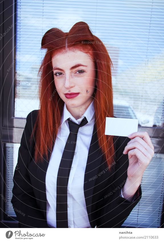 Redhead business woman with her blank calling card Lifestyle Elegant Style Design Joy Beautiful Freckles Work and employment Profession Workplace Business
