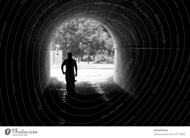 tunnel vision Human being Masculine Man Adults 1 Summer Plant Tree Foliage plant Tunnel Manmade structures Building Architecture Wall (barrier) Wall (building)