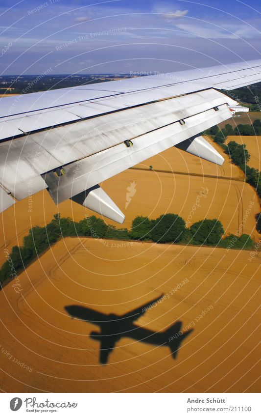 Take off Vacation & Travel Passenger plane View from the airplane Flying Fear Wing Field Sky Airplane Blue Yellow Green Agriculture Shadow Tall Landing flap