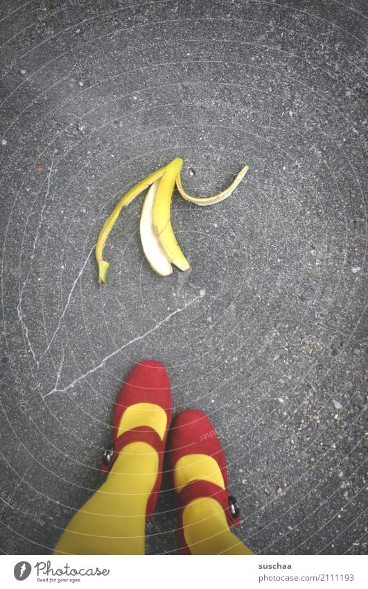 Careful .. Street Asphalt anti-personnel mine Banana skin Risk of accident step inside Testing & Control Caution Legs feet red shoes Footwear Stockings Yellow