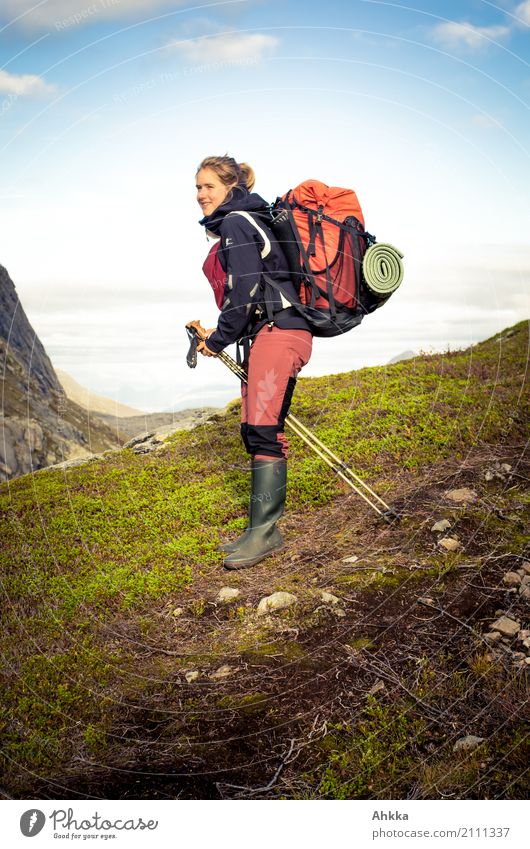 Young woman with hiking equipment in Scandinavia Vacation & Travel Trip Adventure Far-off places Hiking Fitness Sports Training Youth (Young adults) 1