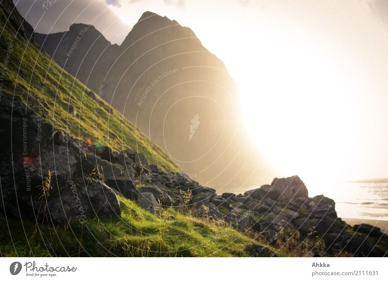 sunset, beach, mountain face, diffuse backlight, Lofoten Harmonious Well-being Senses Relaxation Calm Meditation Landscape Sunrise Sunset Peak Coast Ocean