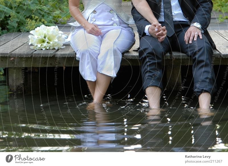 refreshment Joy Harmonious Well-being Contentment Relaxation Calm Wedding Human being Couple Partner Hand Legs 2 Authentic Free Foot bath Water Sit Hold hands