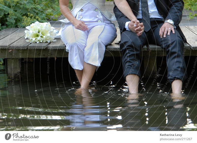 refreshment Joy Harmonious Well-being Contentment Relaxation Calm Wedding Human being Couple Partner Hand Legs 2 Authentic Free Foot bath Water Sit Hold hands