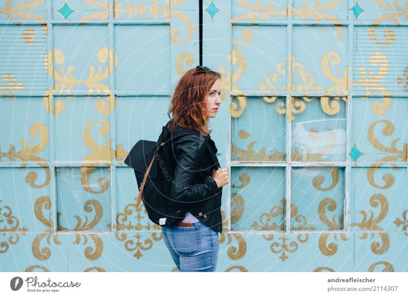 Young woman in front of turquoise painted window front Hair and hairstyles Vacation & Travel Tourism Trip Far-off places Freedom City trip Summer Feminine