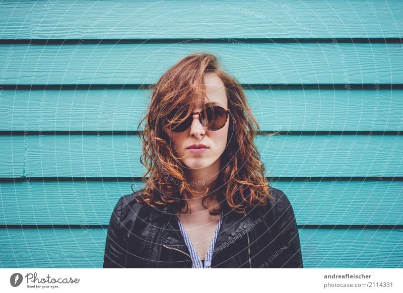 Cool young woman with sunglasses in front of turquoise wooden facade Vacation & Travel Summer Summer vacation Feminine Young woman Youth (Young adults) 1