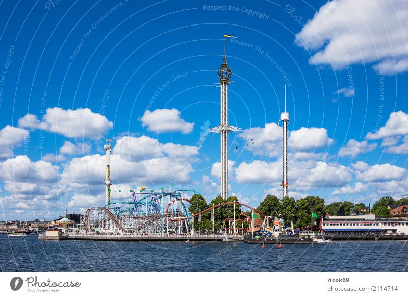 Gröna Lund amusement park in Stockholm Relaxation Vacation & Travel Tourism Fairs & Carnivals Clouds Coast Baltic Sea Town Capital city Tower Architecture