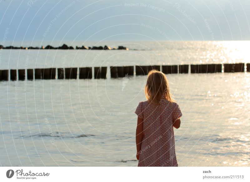 Baltic Beach Ocean Human being Child Girl 1 3 - 8 years Infancy Nature Water Cloudless sky Summer Coast Baltic Sea Island Darss Blonde Looking Dream Blue