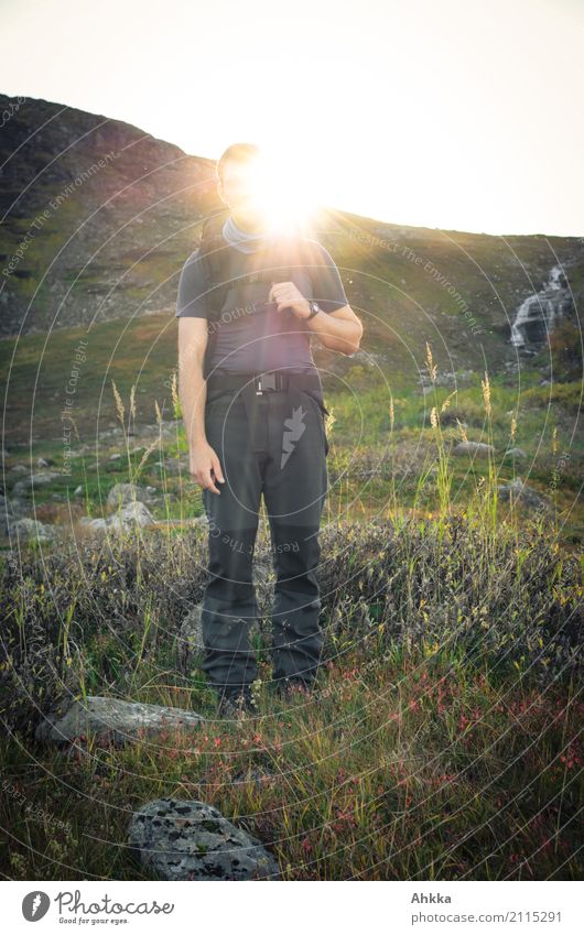 sun god Vacation & Travel Adventure Far-off places Mountain Hiking Young man Youth (Young adults) Nature Sun Grass Slope Lapland Relaxation Illuminate Moody