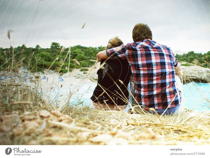 ... Human being Masculine Couple Partner Adults 2 Environment Landscape Summer Coast Clothing Shirt Blonde Observe Communicate Sit Free Happy Cuddly Moody