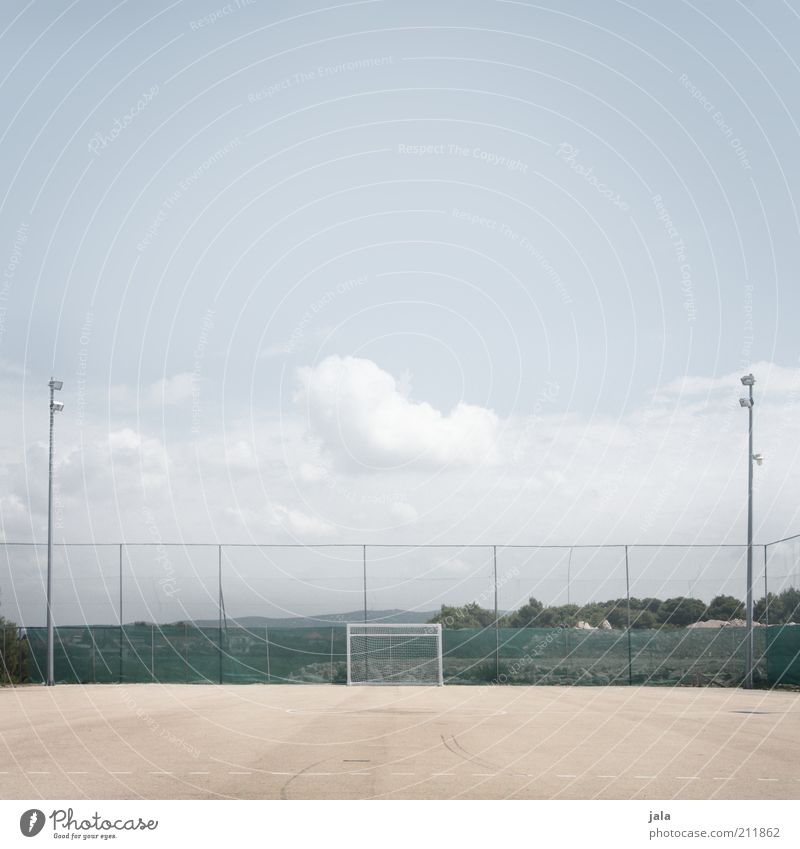 kick off Leisure and hobbies Sports Ball sports Soccer Football pitch Goal Clouds Fence Large Bright Colour photo Subdued colour Exterior shot Deserted