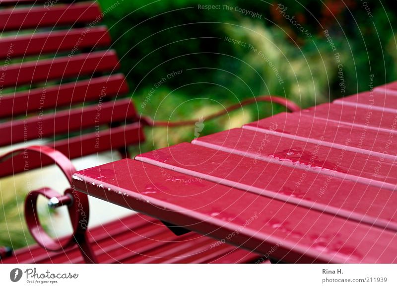 summer rain Garden Chair Table Terrace Wet Red Rain Colour photo Exterior shot Deserted Copy Space right Shallow depth of field Empty Calm Resting point