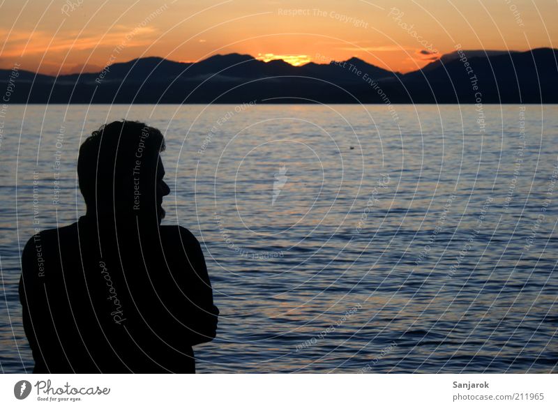 Longing in Italian Far-off places Freedom Summer Human being Masculine Man Adults Male senior 1 Water Sunrise Sunset Lake Lake Garda Think To enjoy Emotions