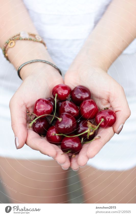 Cherries in my hand Cherry Healthy Eating Dish Food photograph Fruit Summer Accumulate Hand To hold on Fingers Bracelet Woman Exterior shot