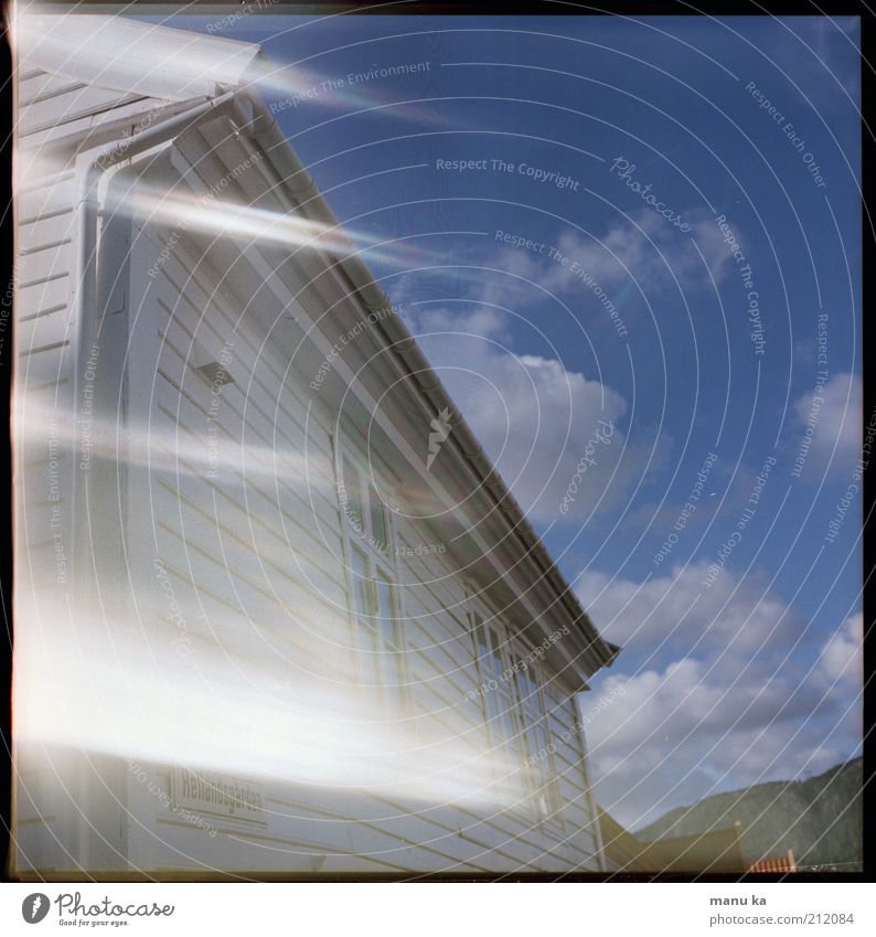 homeland Sky Hut Free Blue White Loneliness Mysterious Equal Life Modern Nature Transience Change Time Medium format Colour photo Deserted Reflection Facade