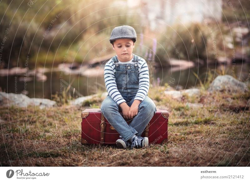 Sad child Vacation & Travel Adventure Freedom Human being Masculine Child Toddler Boy (child) Infancy 1 3 - 8 years Field Forest Lake Suitcase Cap Sit Sadness