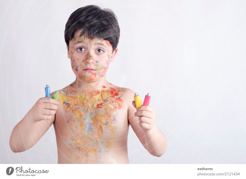 boy with face painting Lifestyle Playing Human being Masculine Child Toddler Boy (child) Infancy 1 3 - 8 years Artist Painter Work of art